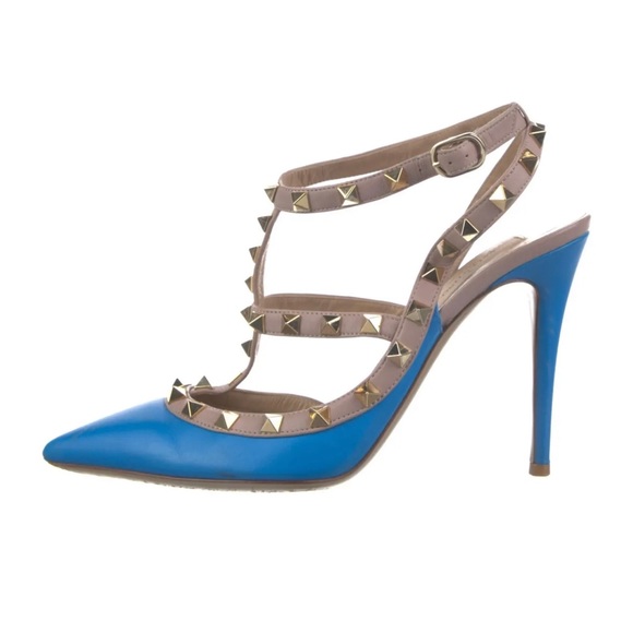 VALENTINO Rockstud Accents Leather Gold Stud T-strap Bright Blue Pump Heel 37 - Picture 2 of 15